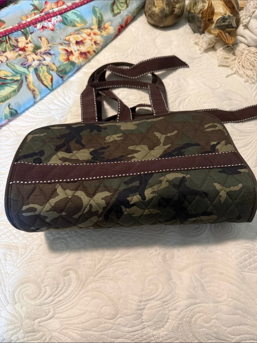 Quilted Camouflage Messenger Bag with Brown Trim
